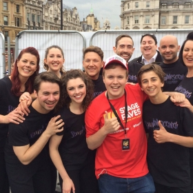 Bumblescratch cast plus writer and composer Robbie Sherman with Perry backstage at West End Live 2016