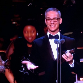 Nevin Steinberg collects Best Sound Design for Hamilton at Olivier Awards
