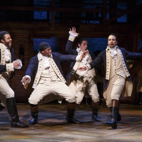 On Broadway: Lin-Manuel Miranda (right) as Alexander Hamilton in Hamilton. © Joan Marcus