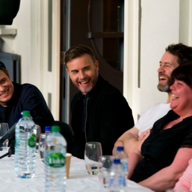 Mark Owen, Gary Barlow & Howard Donald at The Band launch on 2 April 2017 at Manchester Apollo. © Matt Crockett