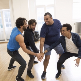 Matthew Croke (Aladdin), Daniel de Bourg (Kassim), Leon Craig (Babkak) & Miles Barrow (Omar) in Aladdin rehearsals © Johan Persson 