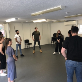 Rehearsals for JR Theatre's revival of Boogie Nights at Upstairs at the Gatehouse, July 2019