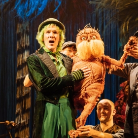 Simon Paisley Day (The Once-ler) and The Lorax - Laura Caldow, Ben Thompson and David Ricardo-Pearce (Puppeteers) in Dr. Seuss's The Lorax at The Old Vic  © Manuel Harlan